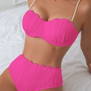 Hot Pink Women's Vacation Faux Pearl Decor Sexy Bikini Set